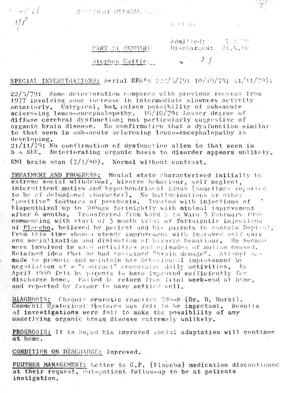 Stephen Cattier Maudsley Hospital inpatient report 1979 -'80